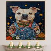 Cute Bulldog in Overalls and Floral Shirt Dog Art for Farmhouse Nursery Bedroom Living Room Country Cottagecore Home Decor Perfect Gift for Dog Lovers on Ready to Hang 1.5" Thick Canvas Wrap, Floating Framed Canvas, Flat Rolled Canvas